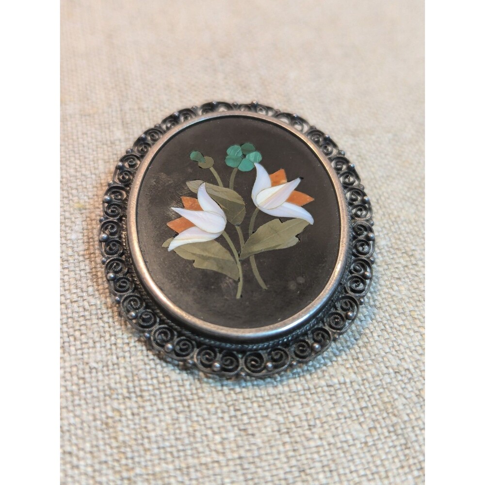 1860 C. Inlaid Hardstone Pietra Dura Brooch/Pendant 800 Silver